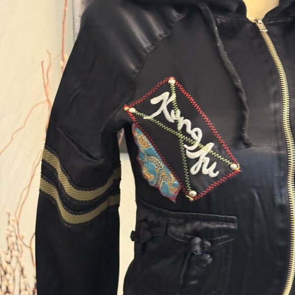 Riley Black Satin HOODED JACKET w/ Embroidery over patches / 3 front pockets - Picture 4 of 7